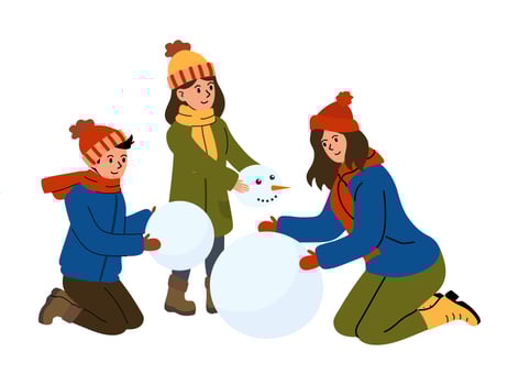 Children and adults collaboratively building a snowman in winter wear on a snowy day outdoors vector
