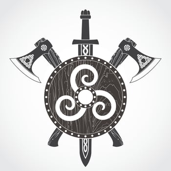 viking arms set shield axe and sword heraldry logo design vector