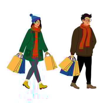 Two young adults shopping in winter attire, carrying colorful bags on a chilly day vector