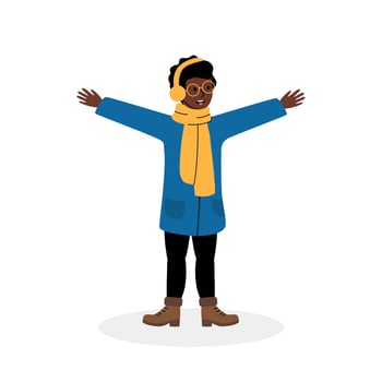 A person joyfully embracing winter in a colorful outfit with headphones and a scarf vector