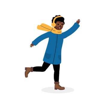 A joyful child in a blue winter coat and scarf enjoys a snowy day outdoors while playing vector