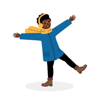 Young person enjoying a winter day outdoors while wearing warm clothing and dancing with joy vector