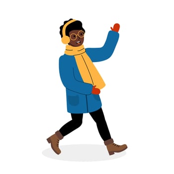 A joyful person walks cheerfully in winter attire while waving in a snowy environment vector