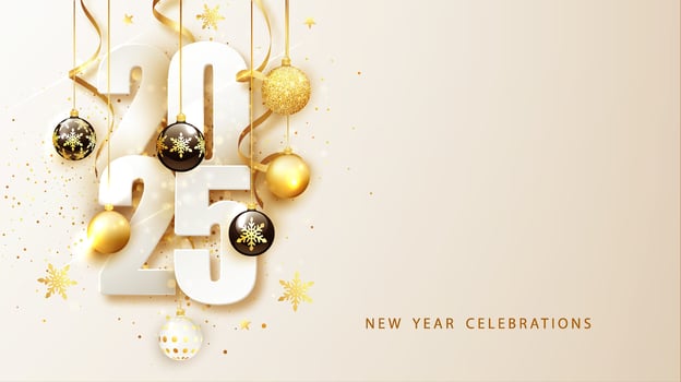 Happy new year 2025. Festive design with Christmas decorations, balls, streamer and garlands vector