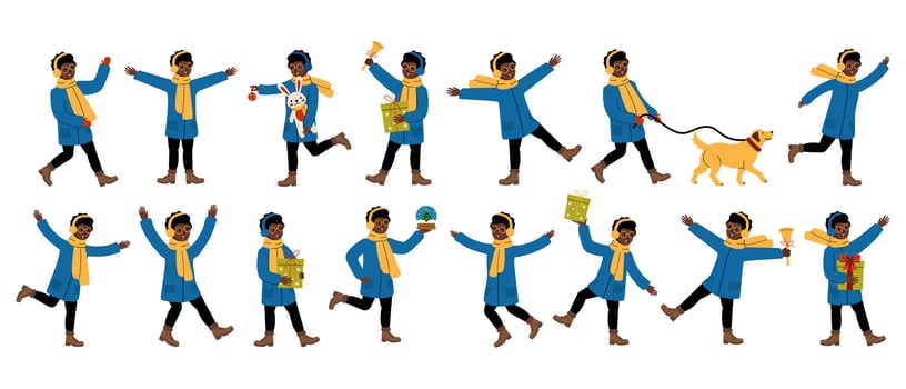 A joyful child in a blue coat and yellow scarf enjoys winter activities with a dog and festive items vector