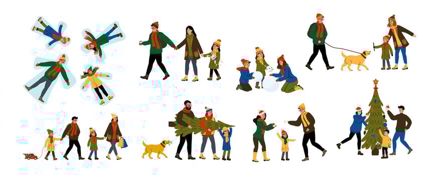 Families enjoying winter activities together, celebrating the joy of the holiday season outdoors vector