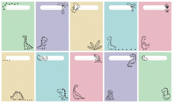 Collection of templates with cute dinosaurs with tropical fantasy plants in hand-drawn sketch style on colorful pastel colors. Positioned in the corner of a grid notebook page, space for notes vector