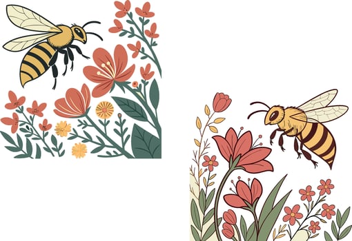 Bees flying around colorful flowers and leaves vector
