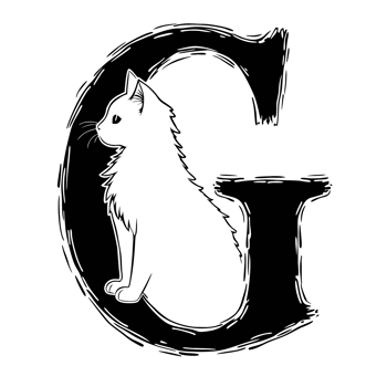 A silhouette of a cat is positioned inside a large white letter G cutouts png