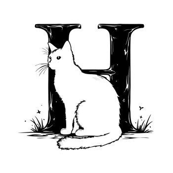 A silhouette of a cat is elegantly positioned in front of a large, stylized letter H cutouts png