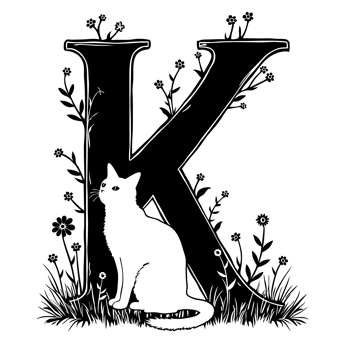 A large letter K is intricately designed with floral patterns and a black cat sitting in front of it. cutouts png