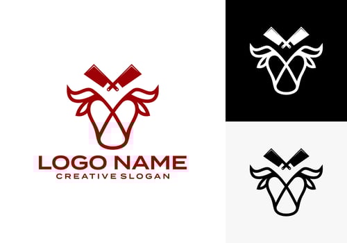Logo design inspiration illustration of Angus Bull Longhorn Bull Head with Celtic Knot Line Style and a kitchen knife vector