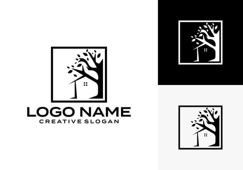 Tree house logo illustration design template black logo and white background vector