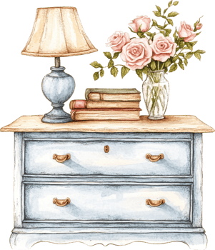 Vintage Blue Dresser with Lamp, Books, and Pink Floral Arrangement, Elegant Cottagecore Decor png