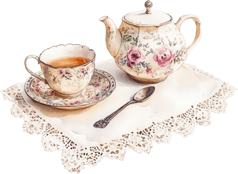 Vintage Floral Tea Set with Teapot, Teacup, and Saucer on Lace Doily, Elegant Afternoon Tea Decor png