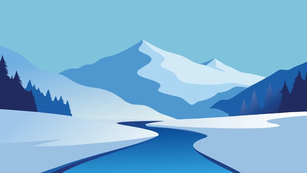river blanketed in snow, shrouded in a thick layer of fog, creating a tranquil winter landscape flat illustration vector