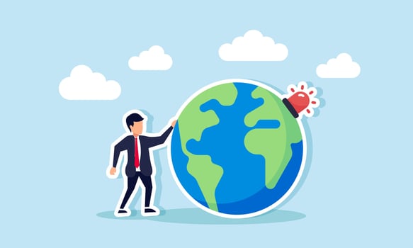 A businessman standing next to a globe with an alarm light, illustration of alertness in global business trends relevant to the target market vector