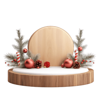Wooden podium with Christmas decorations 3D icon cartoon smooth soft light isolate on transparent background png