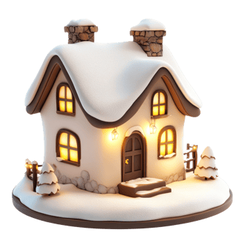 Modern house model decoration with lights and snow 3D icon isolate on transparent background png