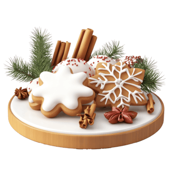Christmas pine with frosted sugar cookies and cinnamon and fir branch 3D icon isolate on transparent background png