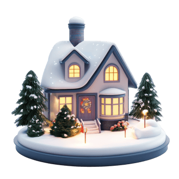 Modern house model decoration with lights and snow 3D icon cartoon smooth soft light isolate on transparent background png