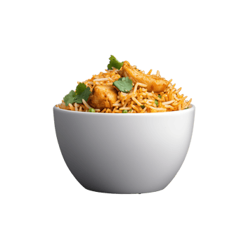 Bowl of spicy rice with herbs on transparent background, ideal for food styling and culinary presentation png