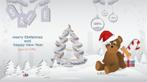 Special Offer Christmas and New Years Sale a bear toy in a Santa Claus hat next to a fir tree in a winter snowy forest vector