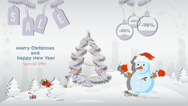 Special offer Christmas and New Years Sale A snowman in a Santa Claus hat next to a fir tree in a winter snow forest vector