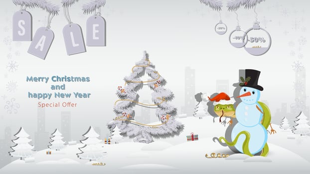 Special Offer Christmas and New Years Sale A snake in a Santa Claus hat wraps around a snowman next to a fir tree in a winter snowy forest vector