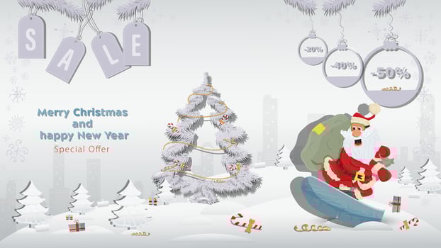 Special offer Christmas and New Years Sale Santa Claus with a bag of gifts on a snowboard next to a fir tree in a winter snow forest vector