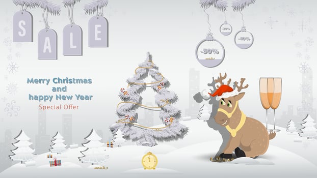 Special offer Christmas and New Years Sale A deer in a Santa Claus hat next to a fir tree in a winter snowy forest vector