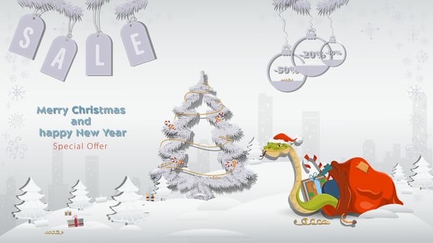 Special Offer Christmas and New Years Sale A snake in a Santa Claus hat crawls out of a gift bag next to a fir tree in a winter snowy forest vector