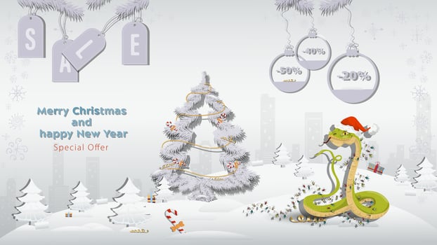 Special offer Christmas and New Years Sale A snake in a Santa Claus hat wrapped in a garland with a fir tree in a winter snowy forest vector