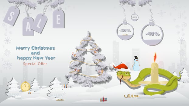 Special Offer Christmas and New Years Sale A snake in a Santa Claus hat wraps around a candle next to a fir tree in a winter snowy forest vector