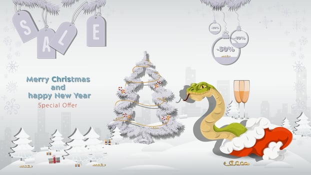 Special Offer Christmas and New Years Sale A snake crawls out of Santas hat next to a fir tree in a winter snowy forest vector