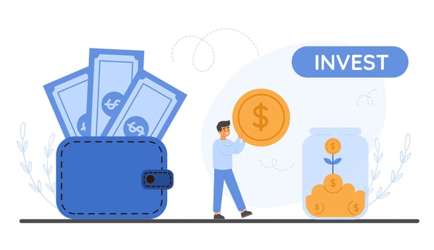 Financial success and investment strategy with man putting a dollar coin in a jar, showcasing concepts of savings and profit increase vector