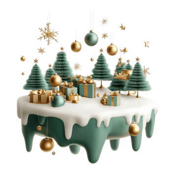 3D Christmas elements and decoration are combined into scenes floating island in green and gold color isolate on transparent background png
