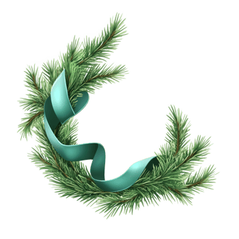 A festive garland adorned and a decorative green ribbon with the pine branches forming an elegant curve 3D icon cartoon minimalist isolate on transparent background png