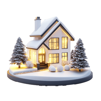 Modern house model decoration with lights and snow 3D icon cartoon smooth soft light isolate on transparent background png