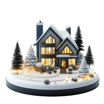 Modern house model decoration with lights and snow 3D icon cartoon smooth soft light isolate on transparent background png