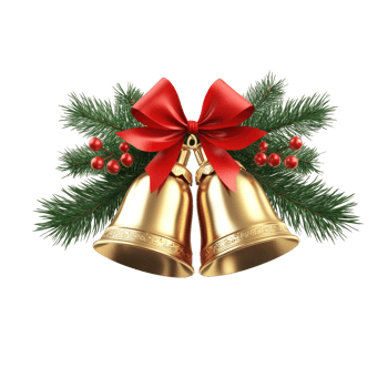 Gold Christmas bells with red ribbon and green fir 3D icon cartoon isolate on transparent background png