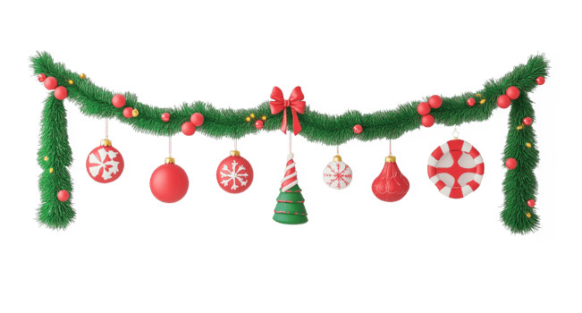 Christmas garland with decorations hanging 3D icon isolate on transparent background png