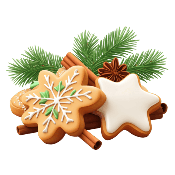 Christmas pine with frosted sugar cookies and cinnamon and fir branch 3D icon cartoon smooth soft light isolate on transparent background png