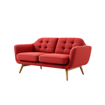 A red couch with wooden legs and a buttoned up seat png