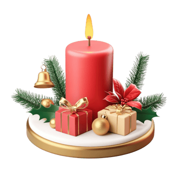 Christmas red candle with green fir branches and holly with gold gifts and jingle bell 3D icon cartoon smooth soft light isolate on transparent background png