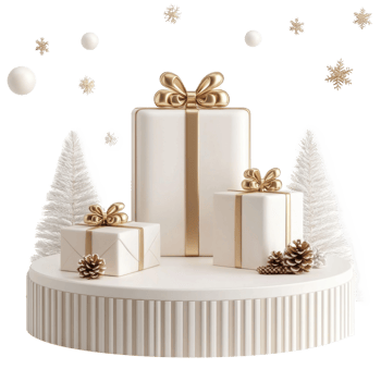 Christmas white and gold podium presents 3D icon isolate on transparent background png