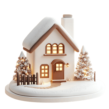 Modern house model decoration with lights and snow 3D icon isolate on transparent background png
