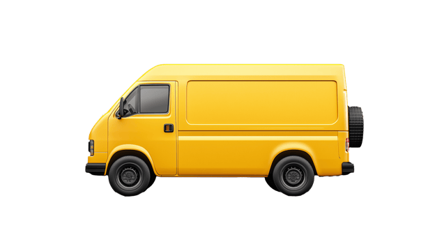 Compact yellow van rear view on transparent background, suitable for delivery and logistics depictions png