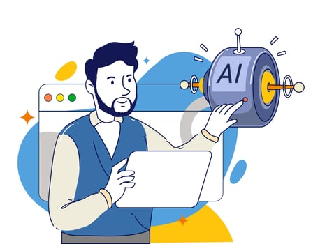 AI technology concept. People and artificial intelligence robots communication. Human using text and image chatbots for business help. Modern flat design illustration. vector