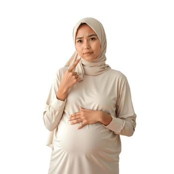 A pregnant woman dressed in a hijab, pointing with her finger, representing a significant thought or idea png